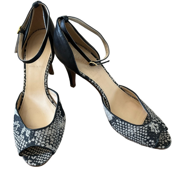 J. Crew fabric snake skin Black and Tan Heels 3” heel sling back ankle strap - Picture 1 of 8
